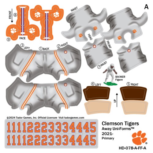 Clemson Tigers Away Uni-Forms, 11 Player Action Figure Kit, Primary 2021-