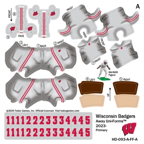 Wisconsin Badgers Away Uni-Forms, 11 Player Action Figure Kit, Primary 2023-