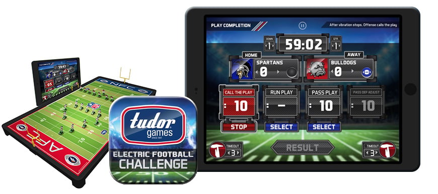 Tudor Games Electric Football Challenge App played alongside Tudor Games Medium Game Board with iPad beside the board